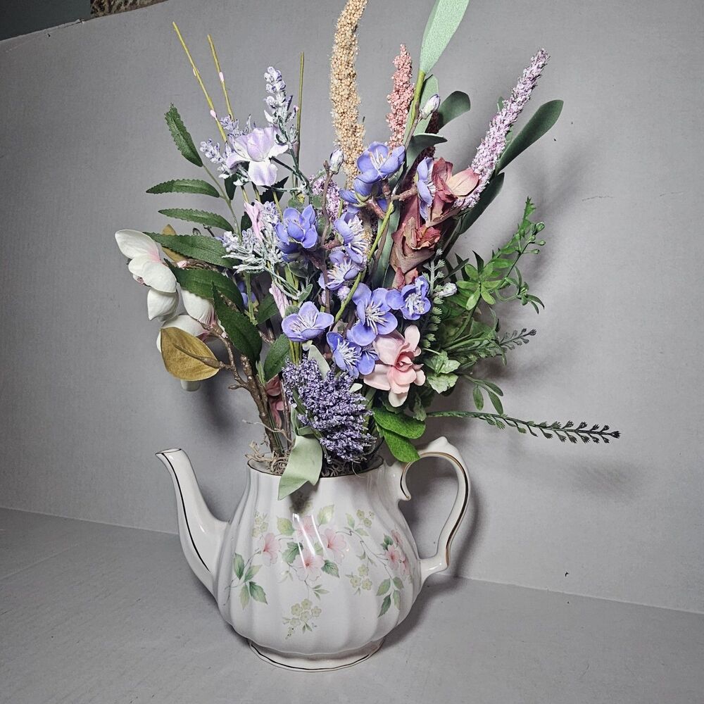 Handmade Artificial Floral Arrangement In Pink Floral Teapot Gold Accent